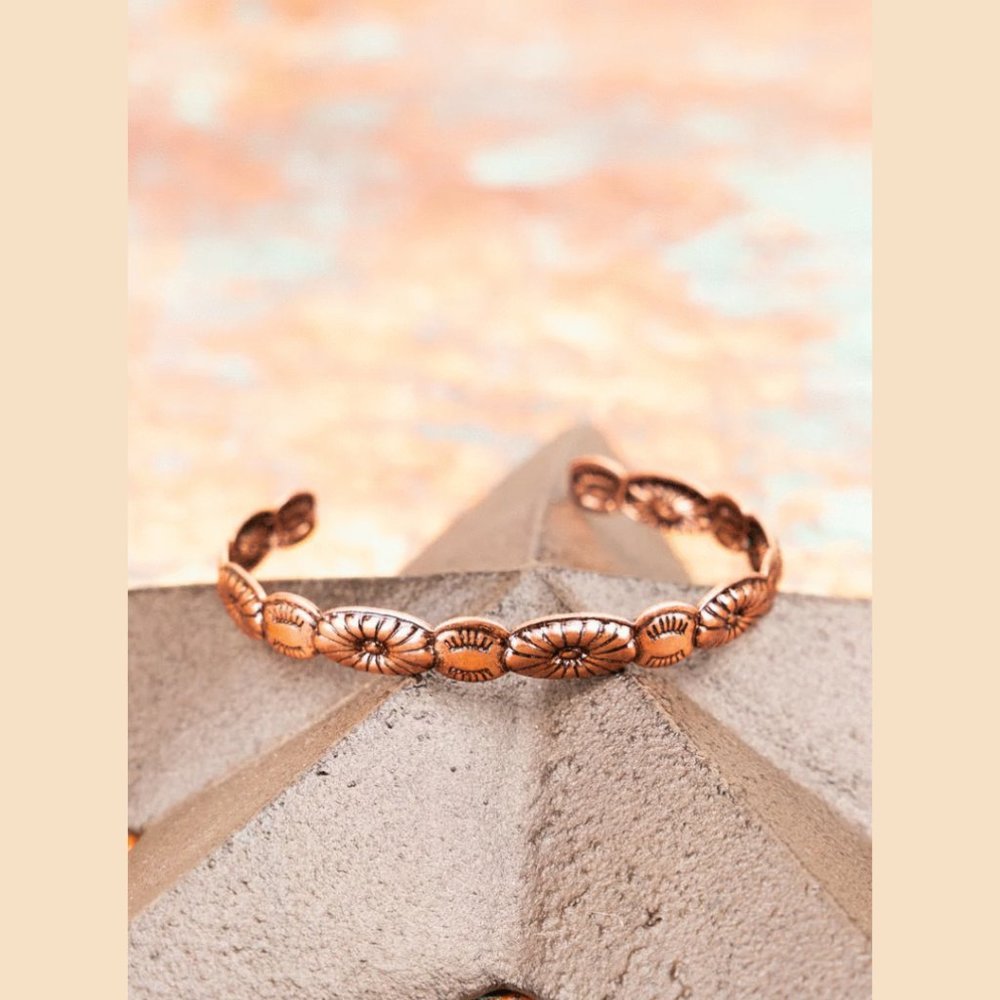 Copper Tone Engraved Floral Cuff Bangle Bracelet | New